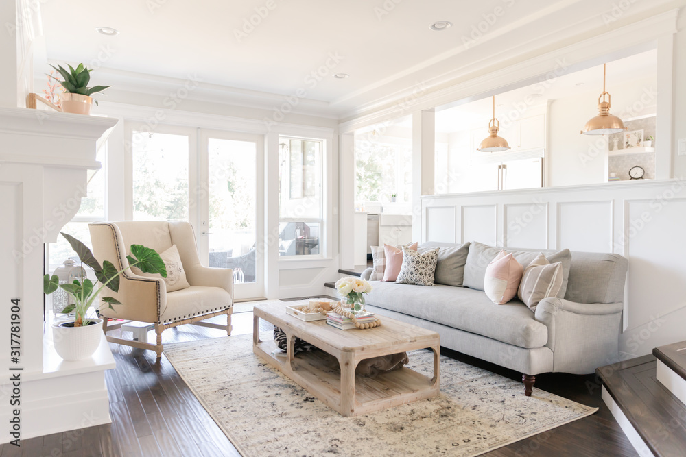 Modern bright white farmhouse living room Stock Photo | Adobe Stock