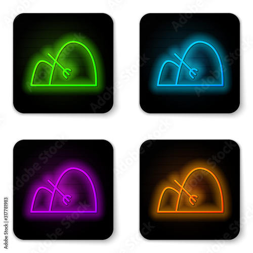 Glowing neon line Bale of hay and rake icon isolated on white background. Black square button. Vector Illustration