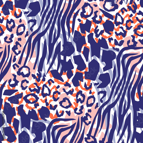 Mix animal skin prints. Leopard, tiger, giraffe and zebra seamless pattern. Textile and fabric fashion design.