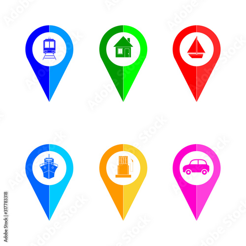 set of colorful pointers on the map icons marker points on the map