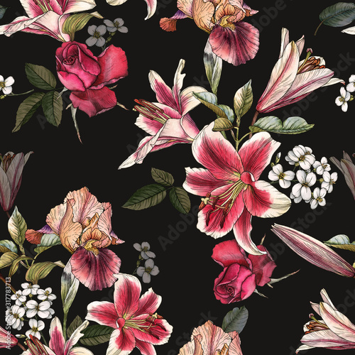 Floral seamless pattern with watercolor lilies, irises, rose and white apple blossom