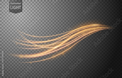 Abstract gold wavy line of light with a transparent background, isolated and easy to edit