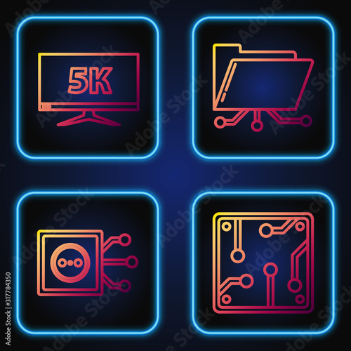 Set line Processor, Remote control, Monitor display with 5k video and Folder and lock. Gradient color icons. Vector