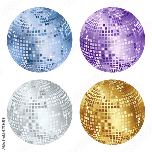 Disco ball isolated set illustration. Night Club party light element. Bright mirror golden ball design for disco dance club.