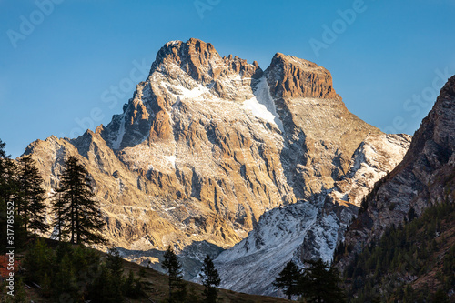 Mountain Monte viso the highest summit in Cottian Alps. Peak close view.
