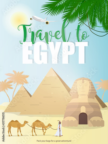 Travel to Egypt banner. Egyptian sphinx  pyramids  palm trees and camels. Well suited for advertising tours to Egypt. Vector poster.