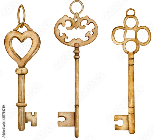 Set Collection of Antique Golden Keys. Watercolor illustration of vintage brown metal keys.