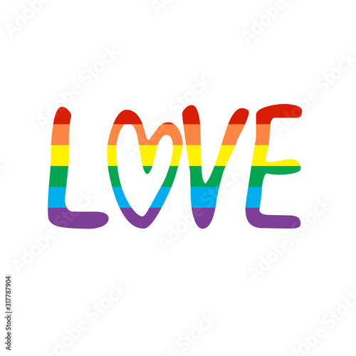  Love phrase. Love lettering vector for background, Vector hand drawn illustration with brush painted word Love and curly heart shape. Valentines Day LGBTQ related symbol in rainbow colors.