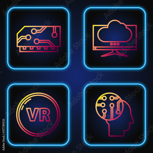 Set line Human brain as digital circuit board, Virtual reality, RAM, random access memory and Computer monitor screen. Gradient color icons. Vector