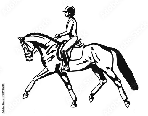 Equestrian dressage, creative depiction of a rider and a horse.