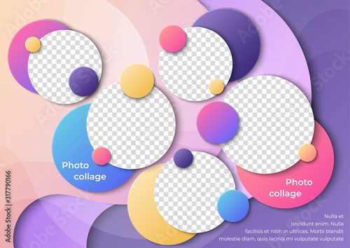 Template for photo collage or infographic in modern style. Frames for clipping masks are in the vector file. Template for a photo album with circle shapes frames and gradient