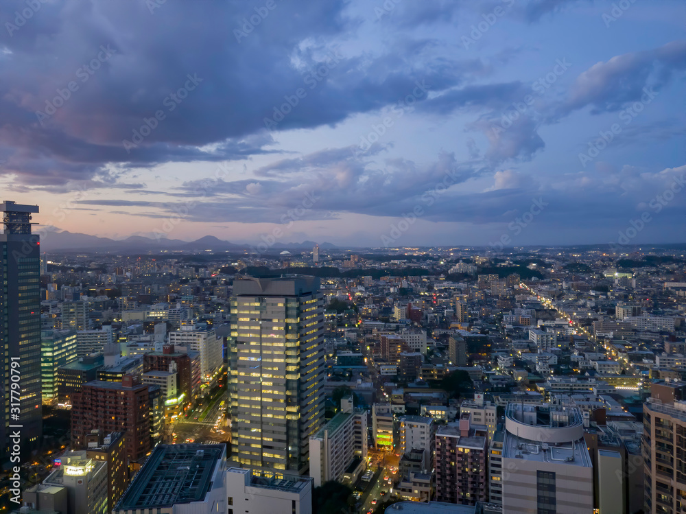 Sunset aerial view of the Sendai cityscape