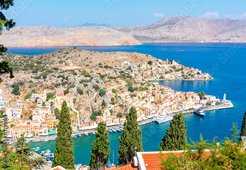 Symi town cityscape, Dodecanese islands, Greece © Mistervlad