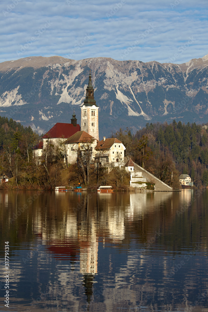 View of Lake Bled and the Church of Mary the Queen, located on a small island in the middle of the lake, Bled, Slovenia