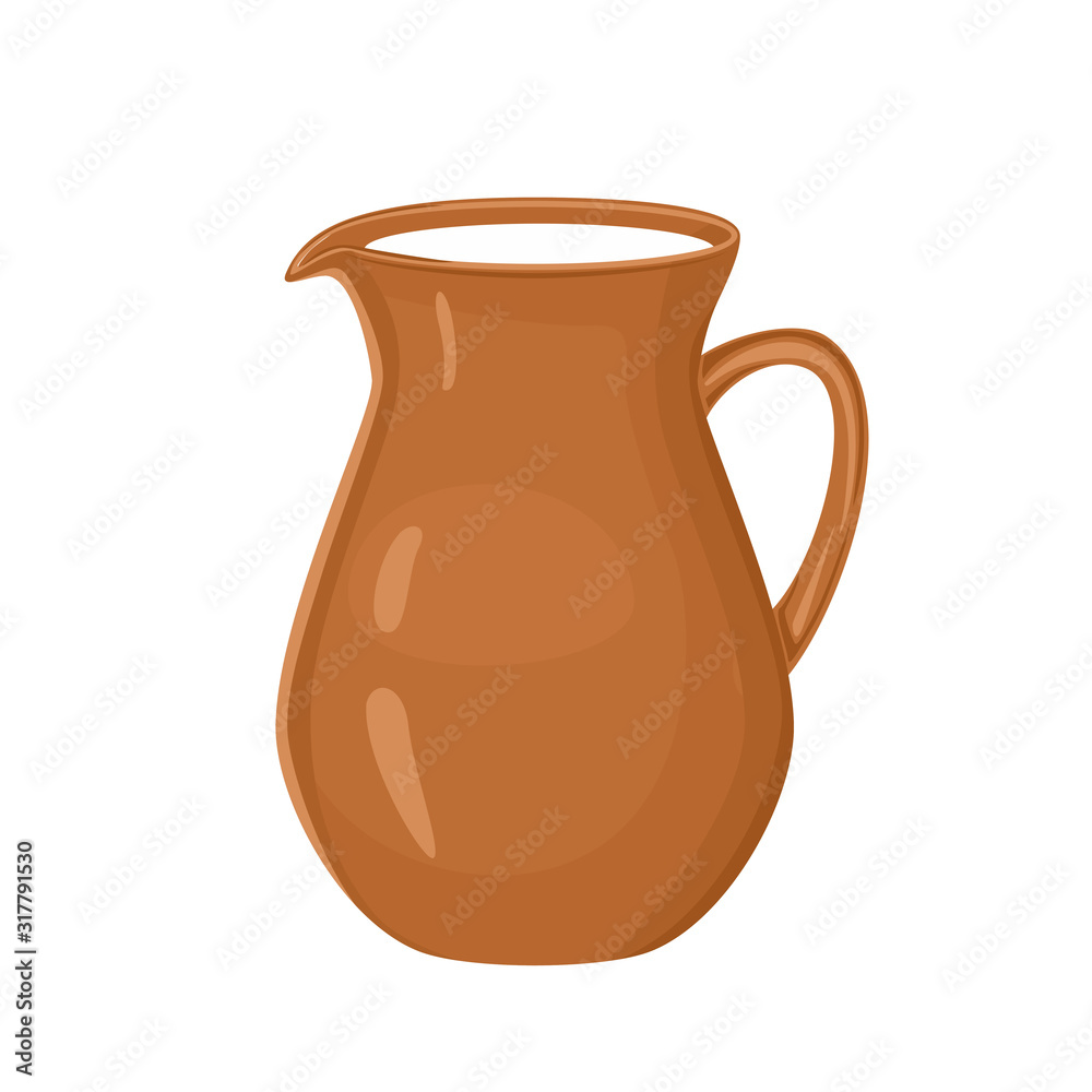 Ceramic jug full of milk Isolated on white background. Vector illustration of brown clay pitcher with fresh dairy drink in cartoon flat style.