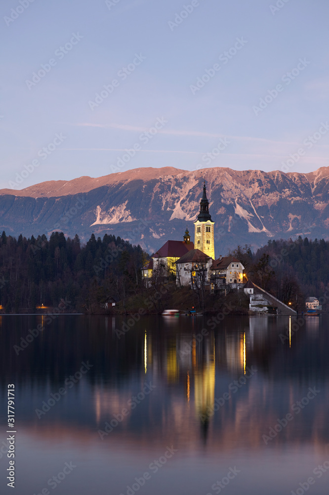 Lake Bled and the small island in the middle at sunset, Bled, Slovenia