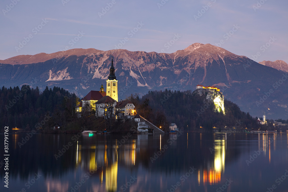 Lake Bled and the small island in the middle at sunset, Bled, Slovenia