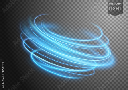 Fototapeta Abstract blue wavy line of light with a transparent background, isolated and eas