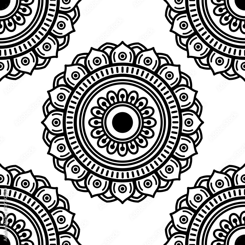 Mandala seamless pattern black and white. Islam, Arabic, Pakistan, Moroccan, Turkish, Indian, Spain motifs
