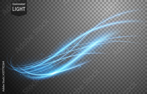 Abstract blue wavy line of light with a transparent background, isolated and easy to edit