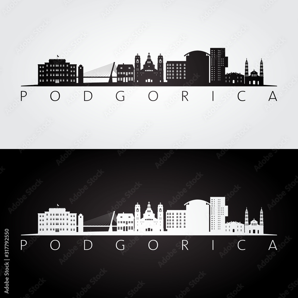 Podgorica skyline and landmarks silhouette, black and white design, vector illustration.