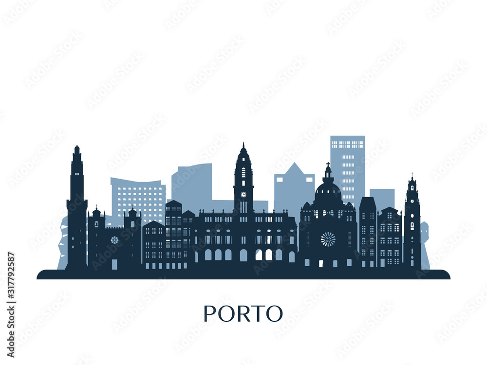 Porto skyline, monochrome silhouette. Vector illustration.