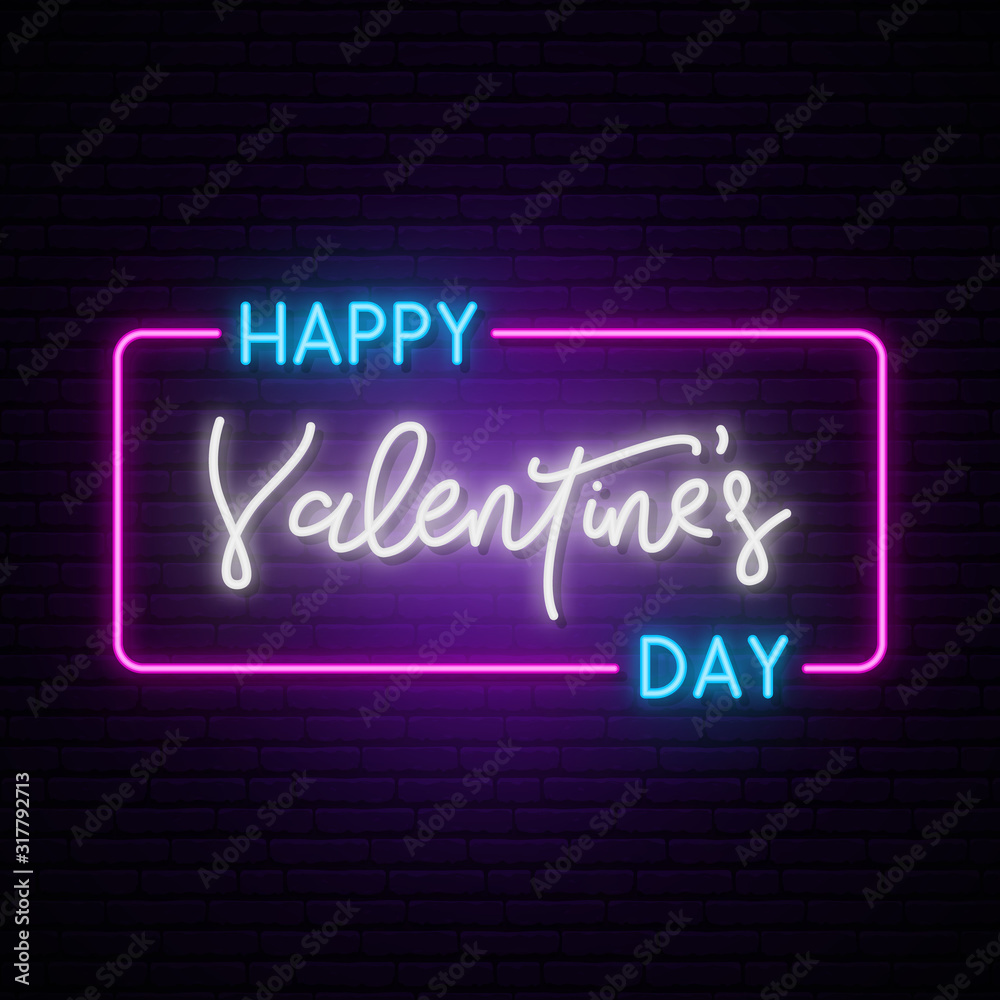 Happy Valentine's Day neon horizontal banner. 80s Retro style. Bright signboard. Party invitation, poster, flyer, wallpaper.