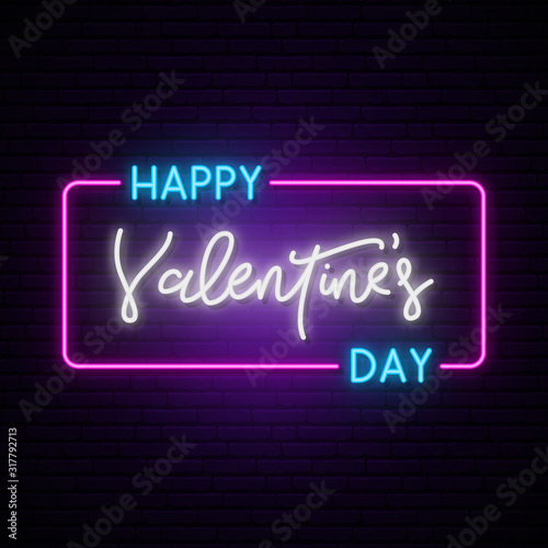 Happy Valentine's Day neon horizontal banner. 80s Retro style. Bright signboard. Party invitation, poster, flyer, wallpaper. © greens87