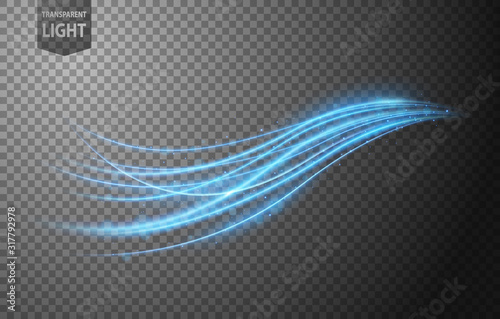 Abstract blue wavy line of light with a transparent background, isolated and easy to edit photo