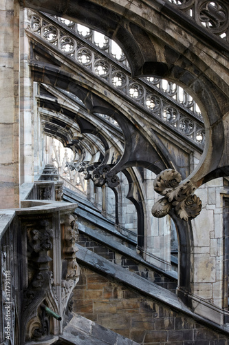 Architectural detail of the Cathedral's arches on the terrace, Milan, Italy