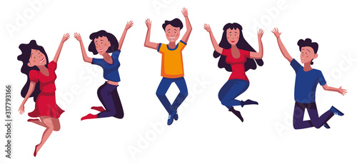 Flat cartoon illustration isolated on white background. Happy positive young men and women rejoicing together