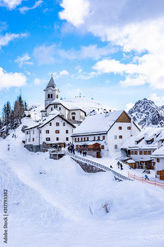Monte Lussari little village covered with snow in Tarvisio, Friuli Venezia Giulia, Northern Italy.