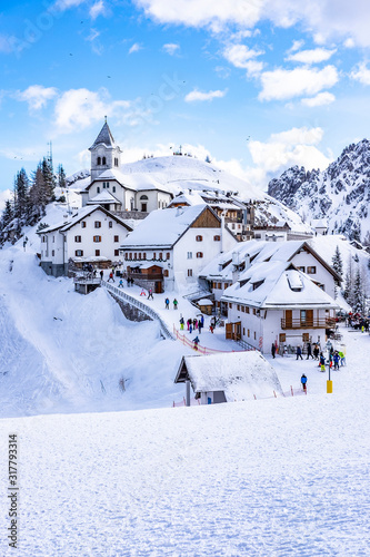 Monte Lussari little village covered with snow in Tarvisio, Friuli Venezia Giulia, Northern Italy.