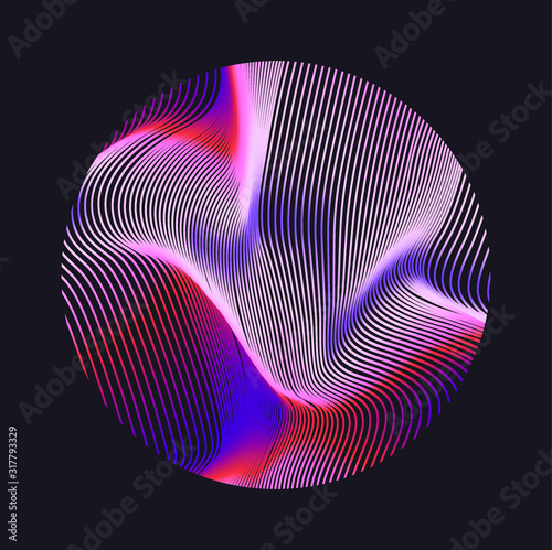Illuminated holographic circle with glitched texture, wavy lines. Retrofuturistic illustration in 80s-90s Vaporwave, synthwave, retrowave style.