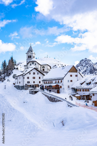 Monte Lussari little village covered with snow in Tarvisio, Friuli Venezia Giulia, Northern Italy.