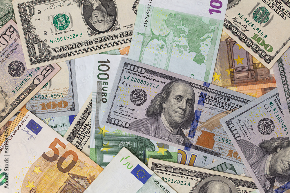 Closeup of dollar and euro banknotes 