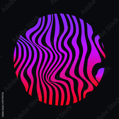 Illuminated holographic circle with glitched texture  wavy lines. Retrofuturistic illustration in 80s-90s Vaporwave  synthwave  retrowave style.