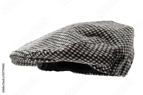 Billede på lærred Floating grey hunting tweed flat cap or newsboy cap isolated on white background