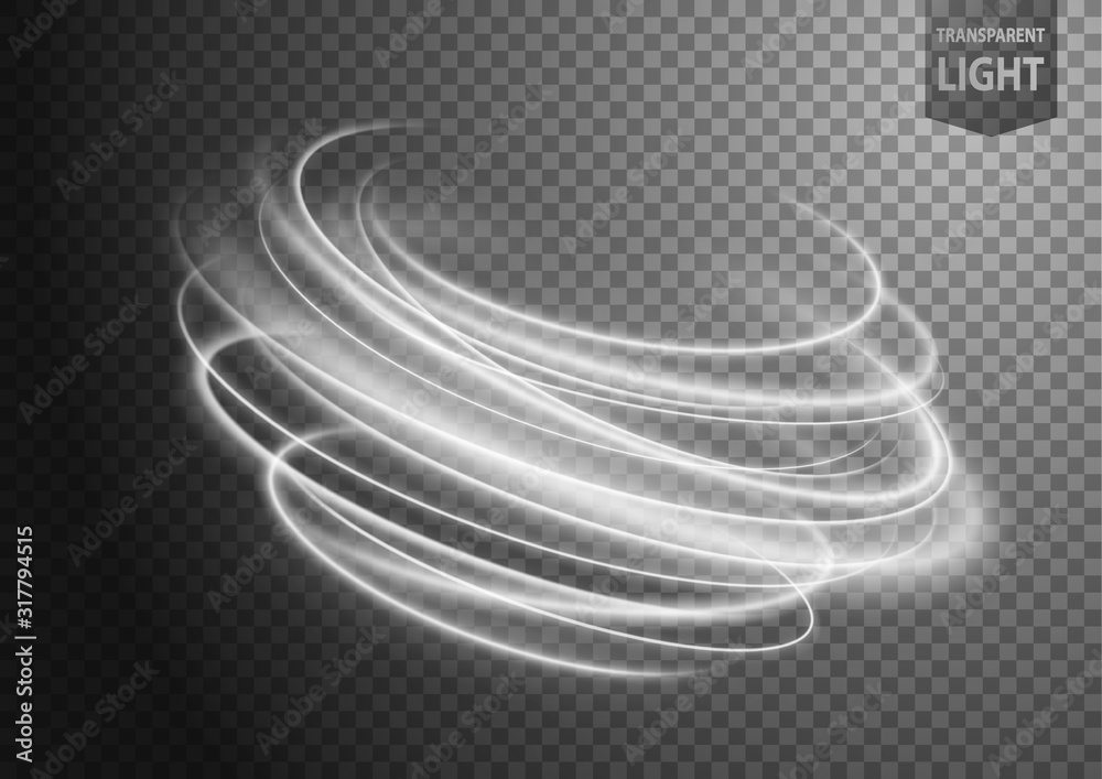 Abstract white wavy line of light with a transparent background, isolated and easy to edit
