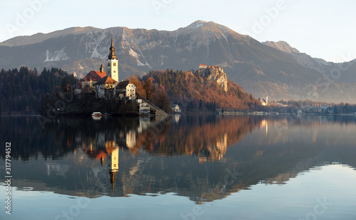 View of Lake Bled and the Church of Mary the Queen, located on a small island in the middle of the lake, Bled, Slovenia