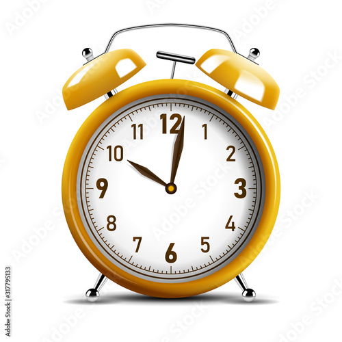 Realistic shiny yellow alarm clock. Vector Illustration
