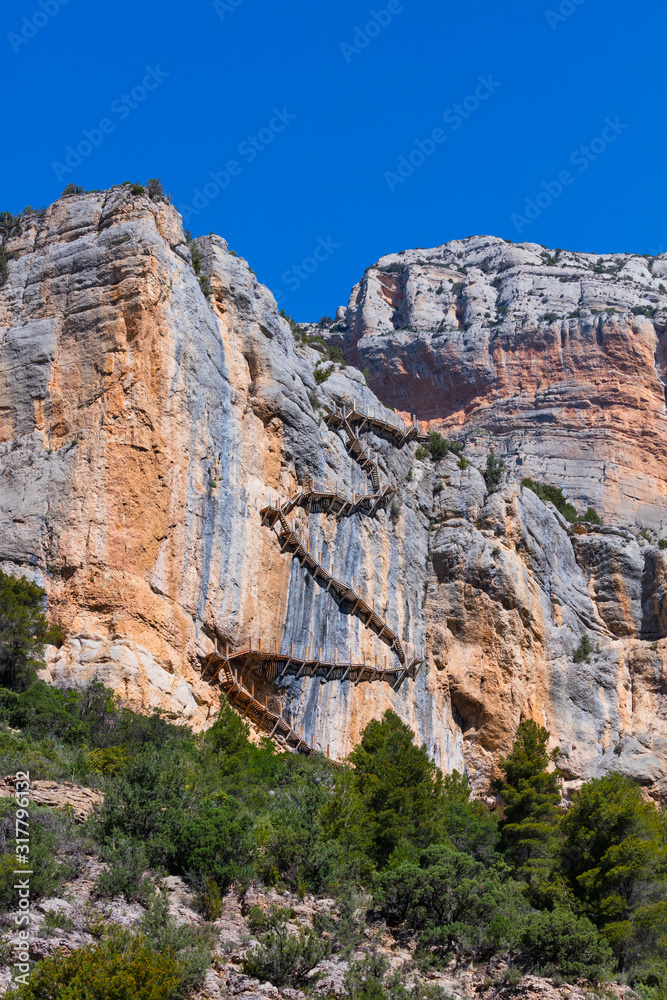 Path hanging on the rock, Montrebei Gorge - Congost de Mont Rebei, Noguera Ribagorzana river, Montsec Range, The Pre-Pyrenees, Ribagorza, Huesca, Aragon, Spain, Europe