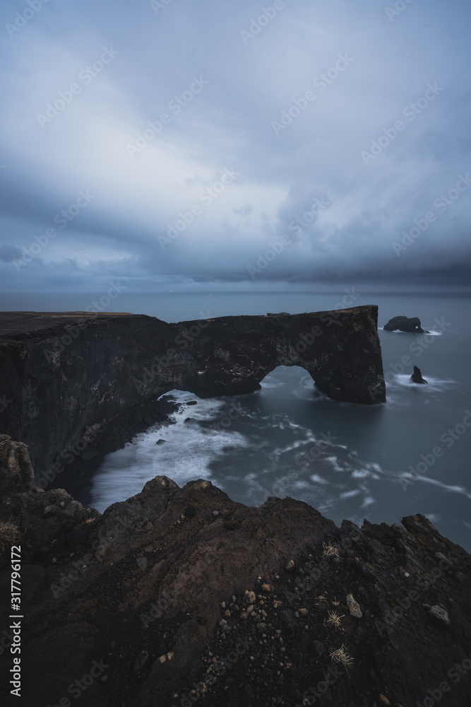 Dusk in the Coastline of Iceland with Beautiful Rock Formation