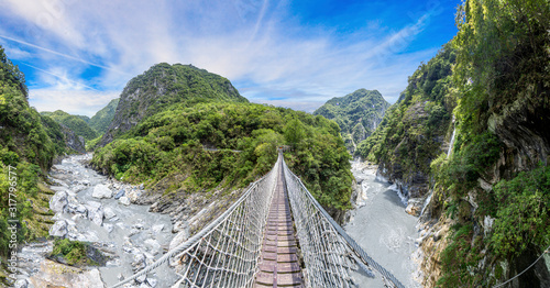 Panoramic view over suspension bridge in the Taroko national park on Taiwan in summer