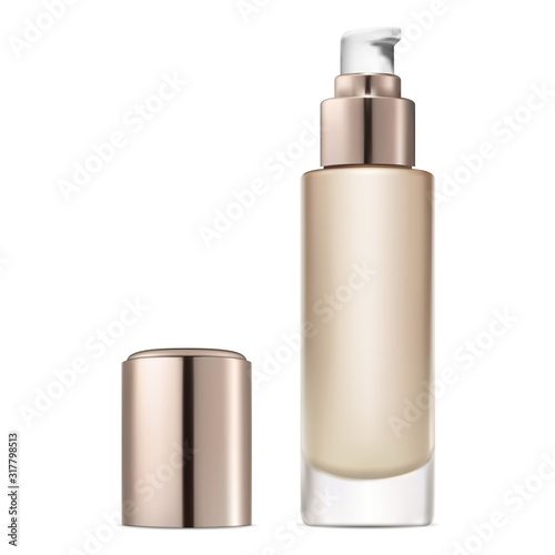 Face foundation bottle. Liquid cosmetic cream care. Facial makeup base glass pump dispenser tube. Clear medical serum packaging template.Beauty lotion container