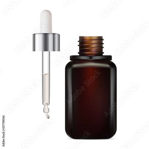 Eye dropper serum bottle mockup. Brown glass container for face care moisture liquid. Pipette with clear essential oil bubble drop. Premium liquid packaging marketing ad