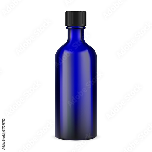 Blue glass medicine bottle. Pharmaceutical syrup jar illustration with black cap. Essential tincture apothecary vial for aromatherapy. Realistic transparent container template