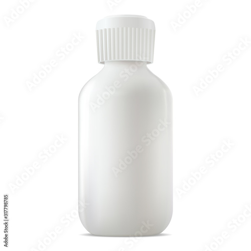 White glass bottle with screw lid. Medical jar mockup for liquid drug. Collagen serum vial template. Essential oil cosmetic container blank