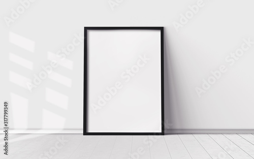 White poster with blank frame on wooden floor. Mockup for you design print.