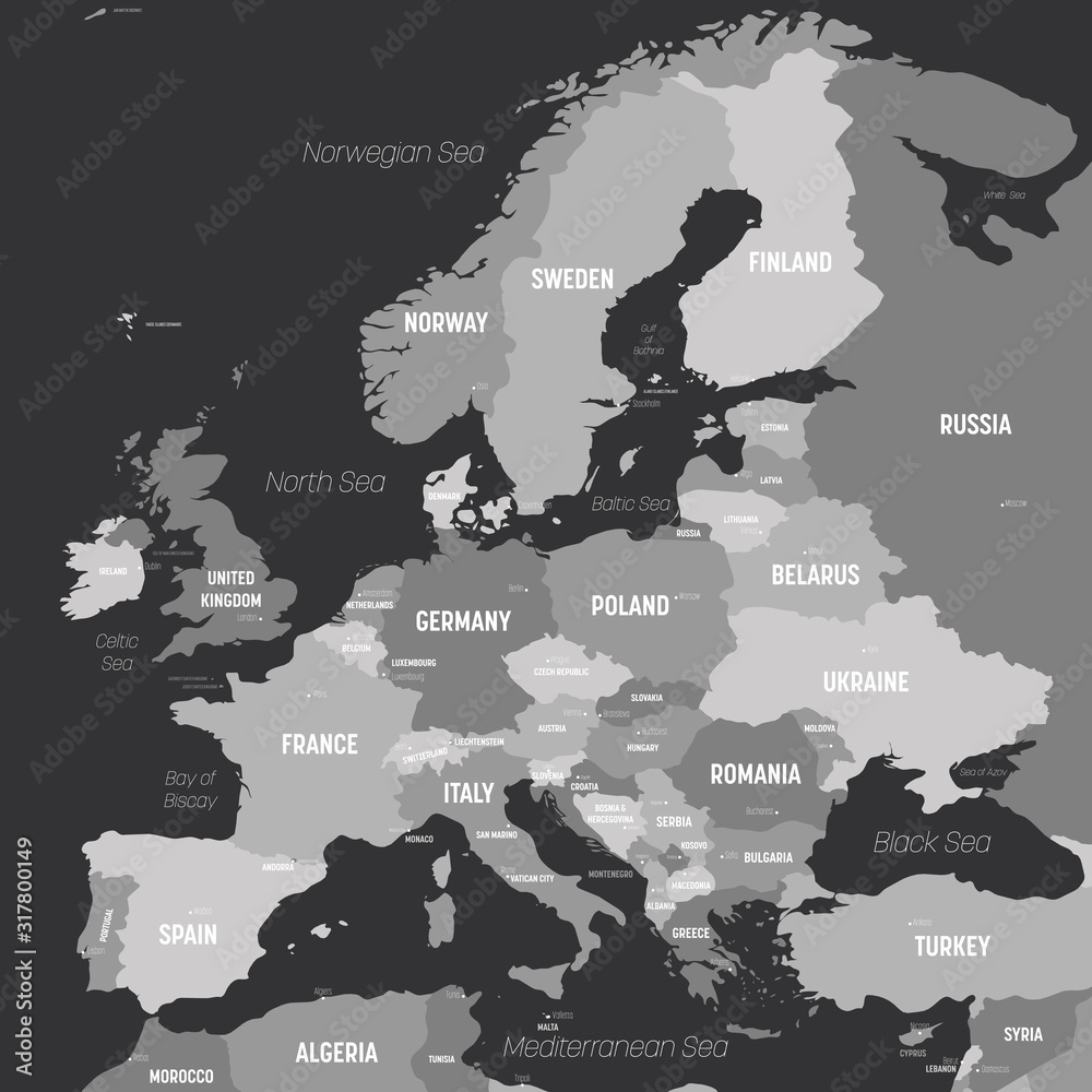 Fototapeta Europe map - grey colored on dark background. High detailed political map of european continent with country, capital, ocean and sea names labeling